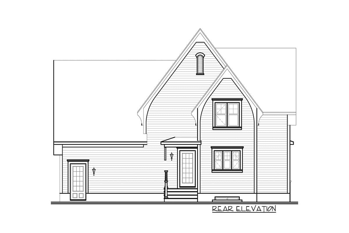 Rear elevation drawing of a two-story house with multiple gables, a shed dormer, and two doors.