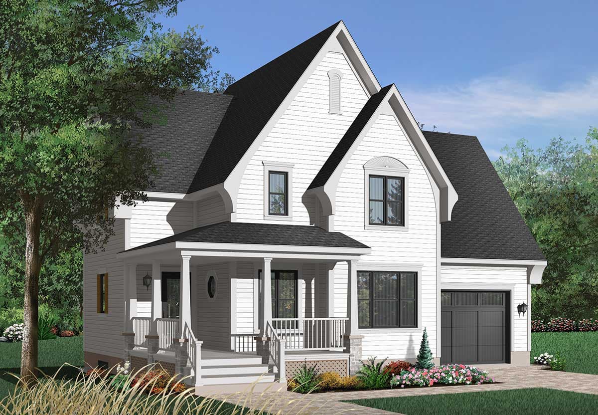 House plan exterior: Two-story with prominent gables, covered front porch with turned posts, and a two-car garage.