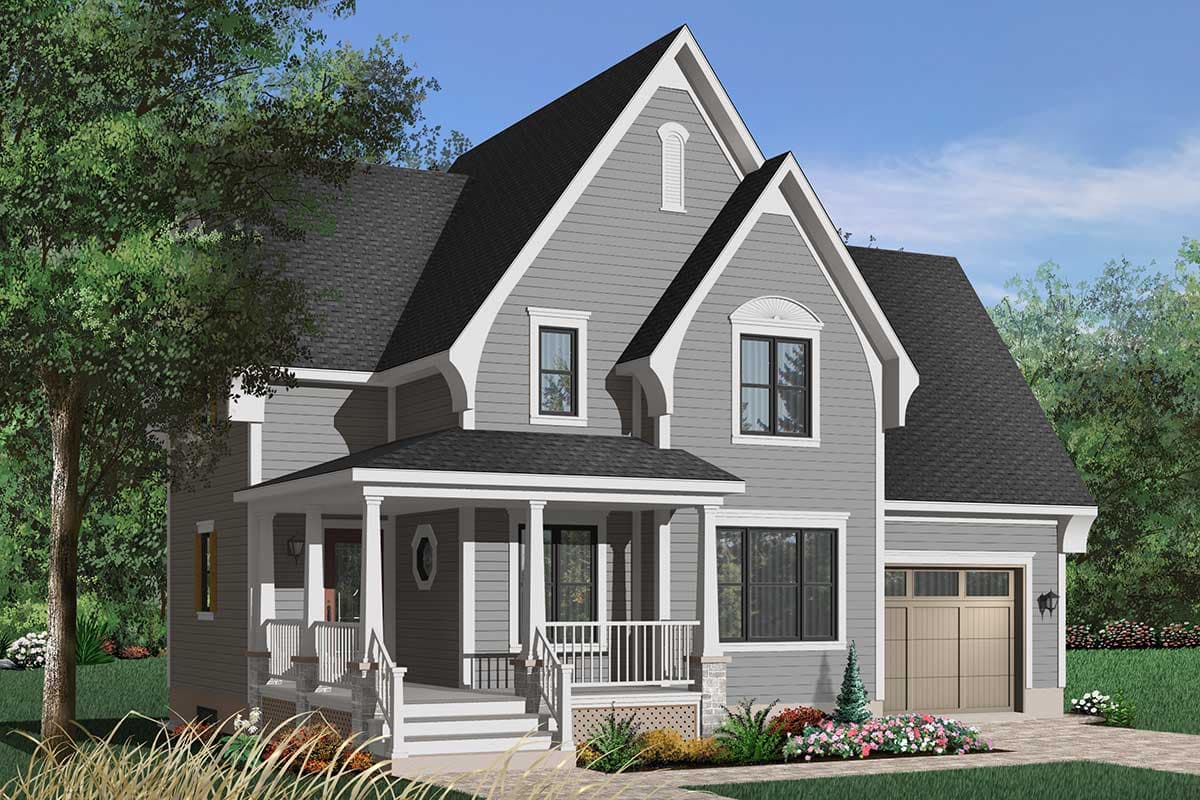 House plan exterior: Two-story home with prominent gables, covered front porch with columns, and attached garage.