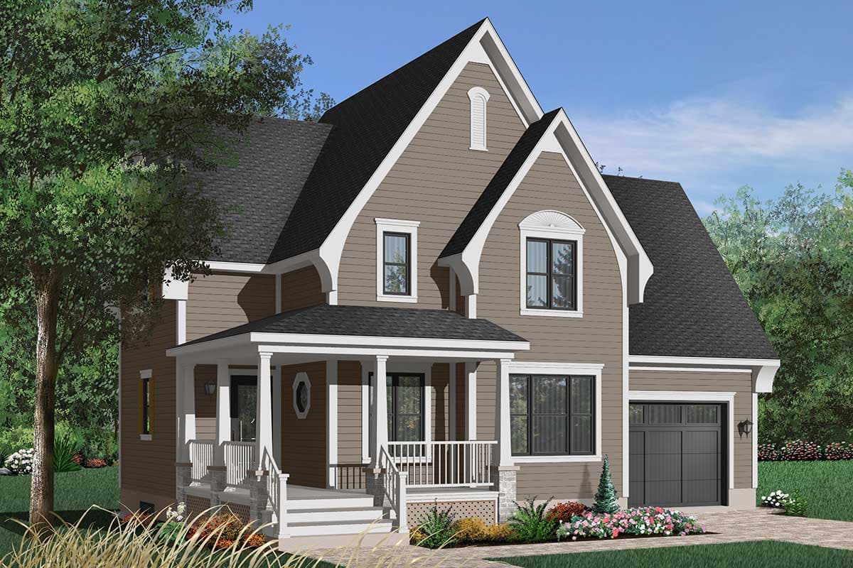 House plan exterior of a two-story home with a covered front porch, dormer, gabled rooflines, and an attached garage.
