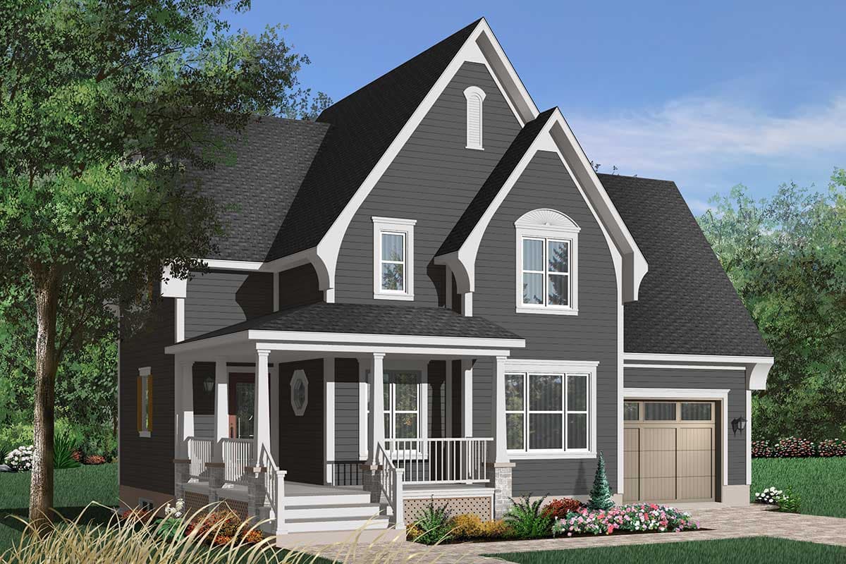 House plan exterior: Two-story Modern Farmhouse with a covered front porch, prominent gables, arched dormer window, and a side-entry garage.