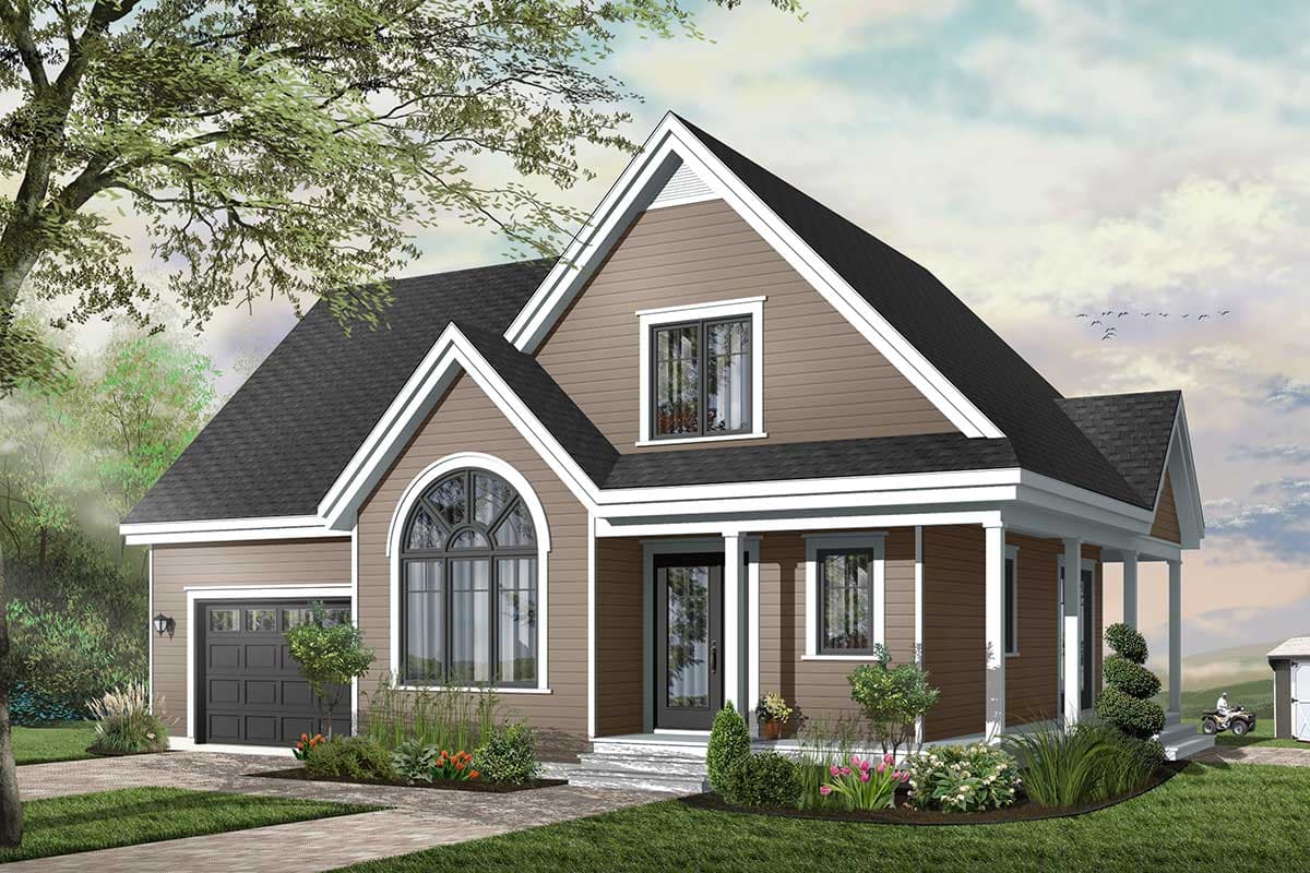 House plan exterior of a two-story home with arched window, gabled dormers, and front porch.