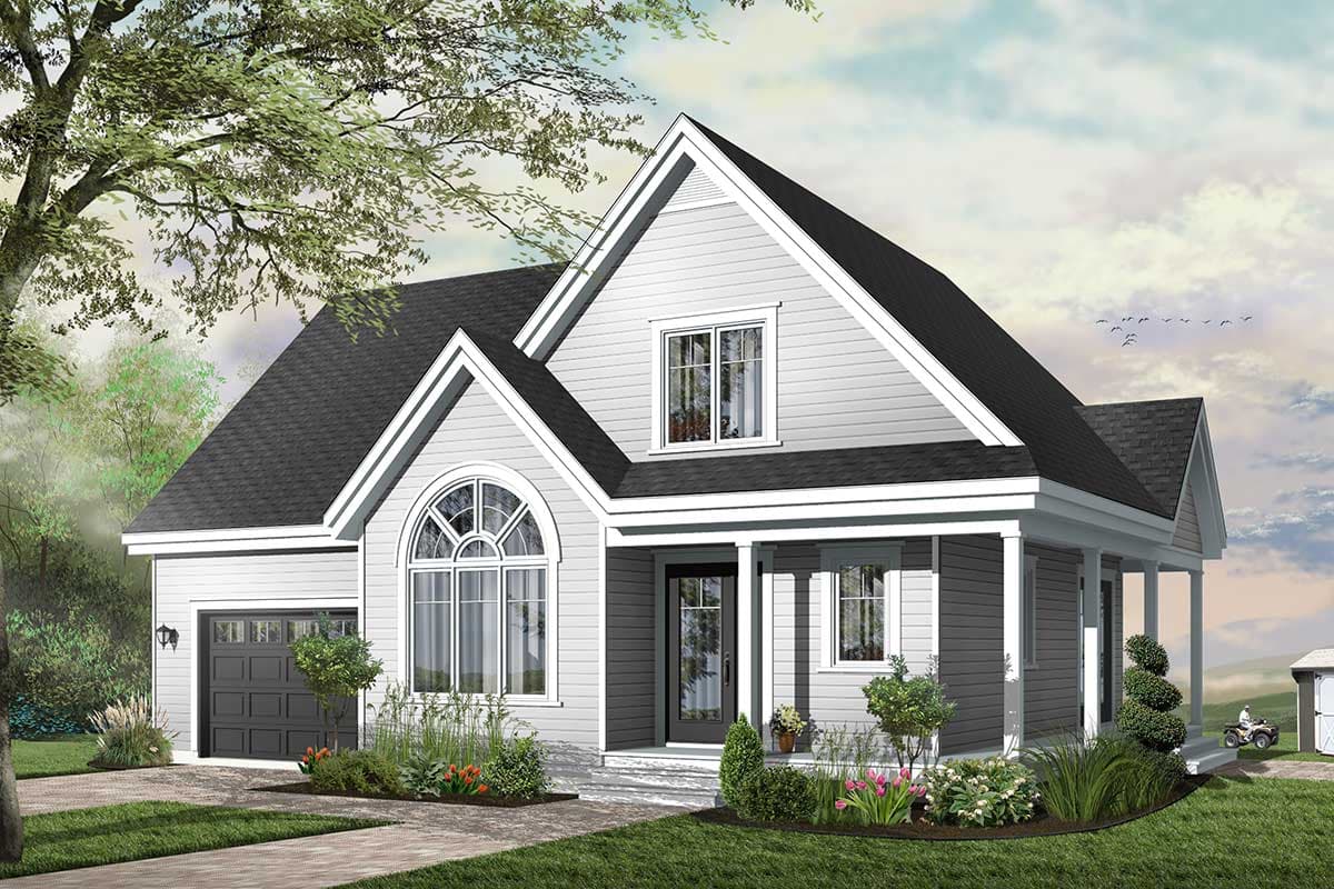 House plan exterior. Two-story home with front porch and gabled roofline. Features include a garage and an arched window above the front door.