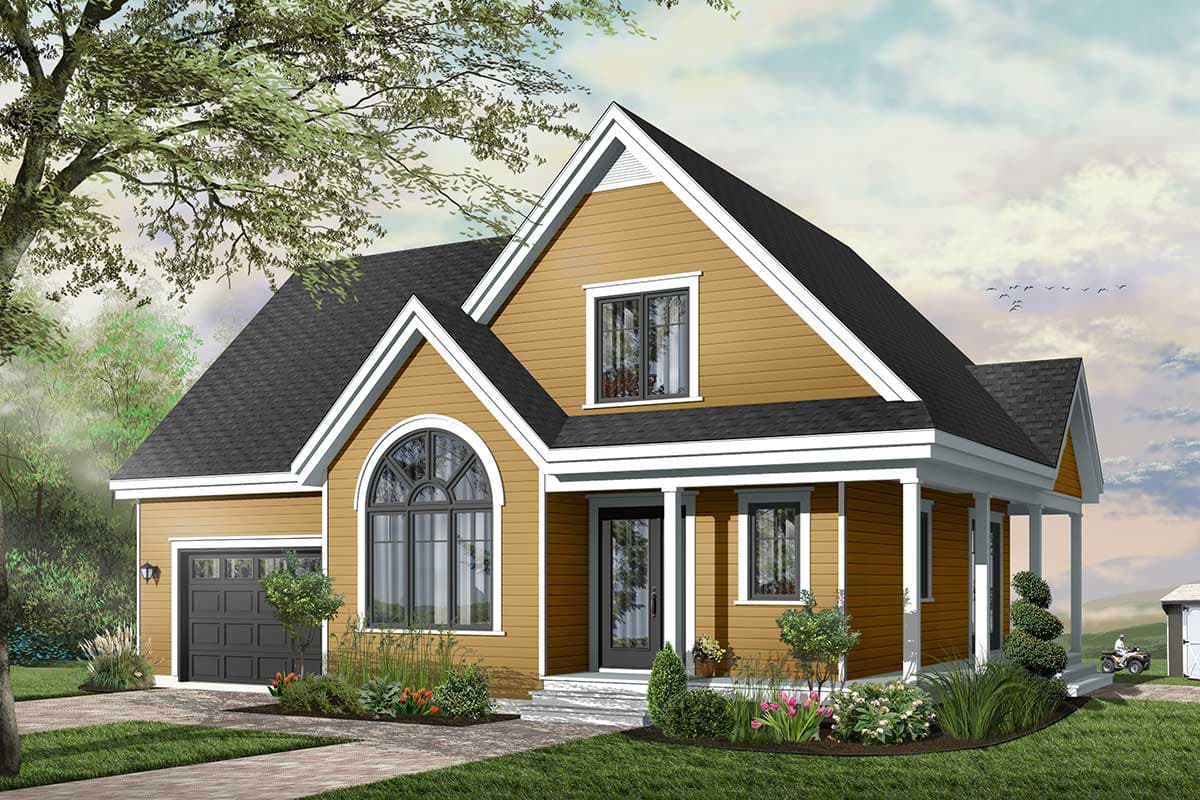 House plan exterior: Modern Farmhouse style, two stories, with gabled dormers, a covered front porch, and an attached garage.