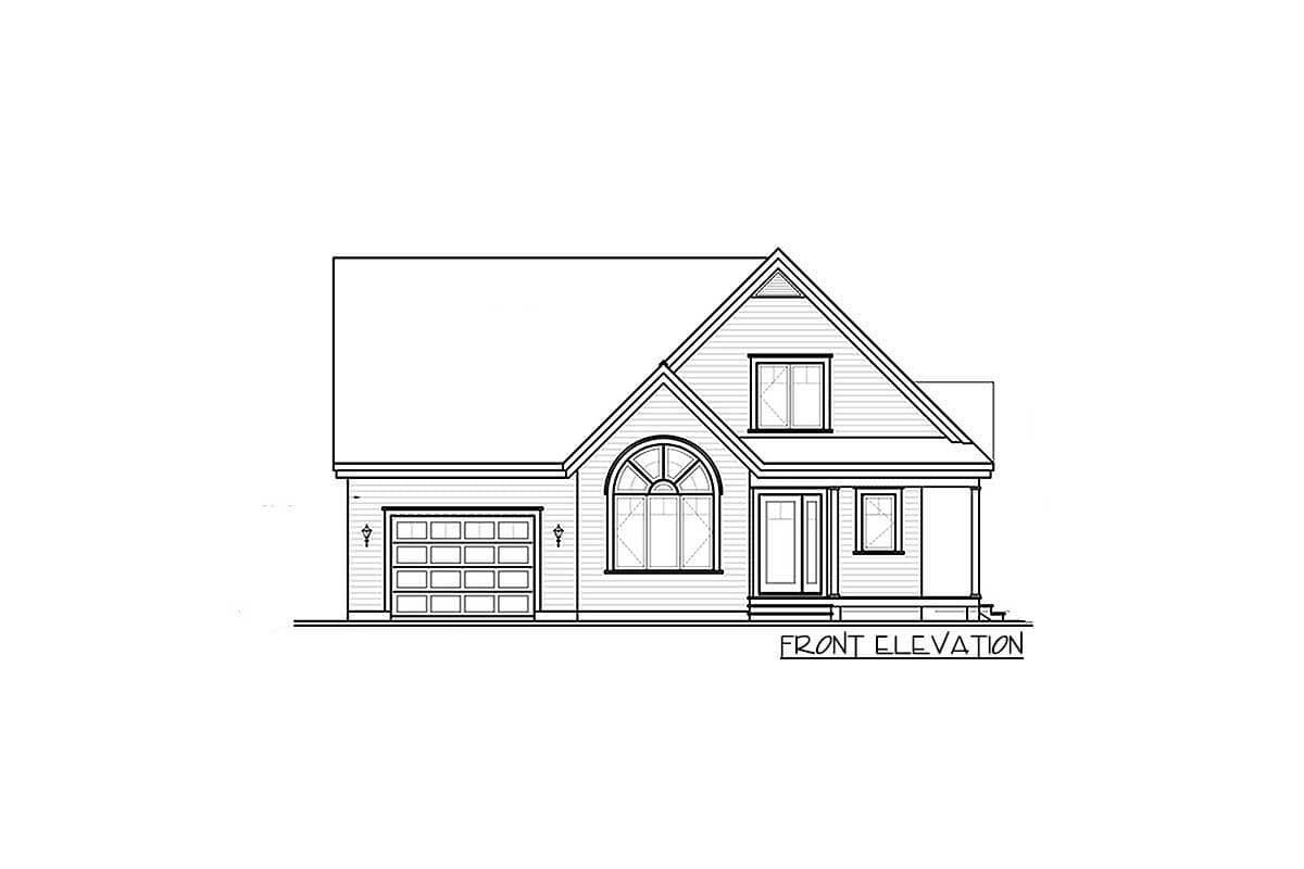 Front elevation drawing of a house plan with a gable roof, arched window, and attached garage.