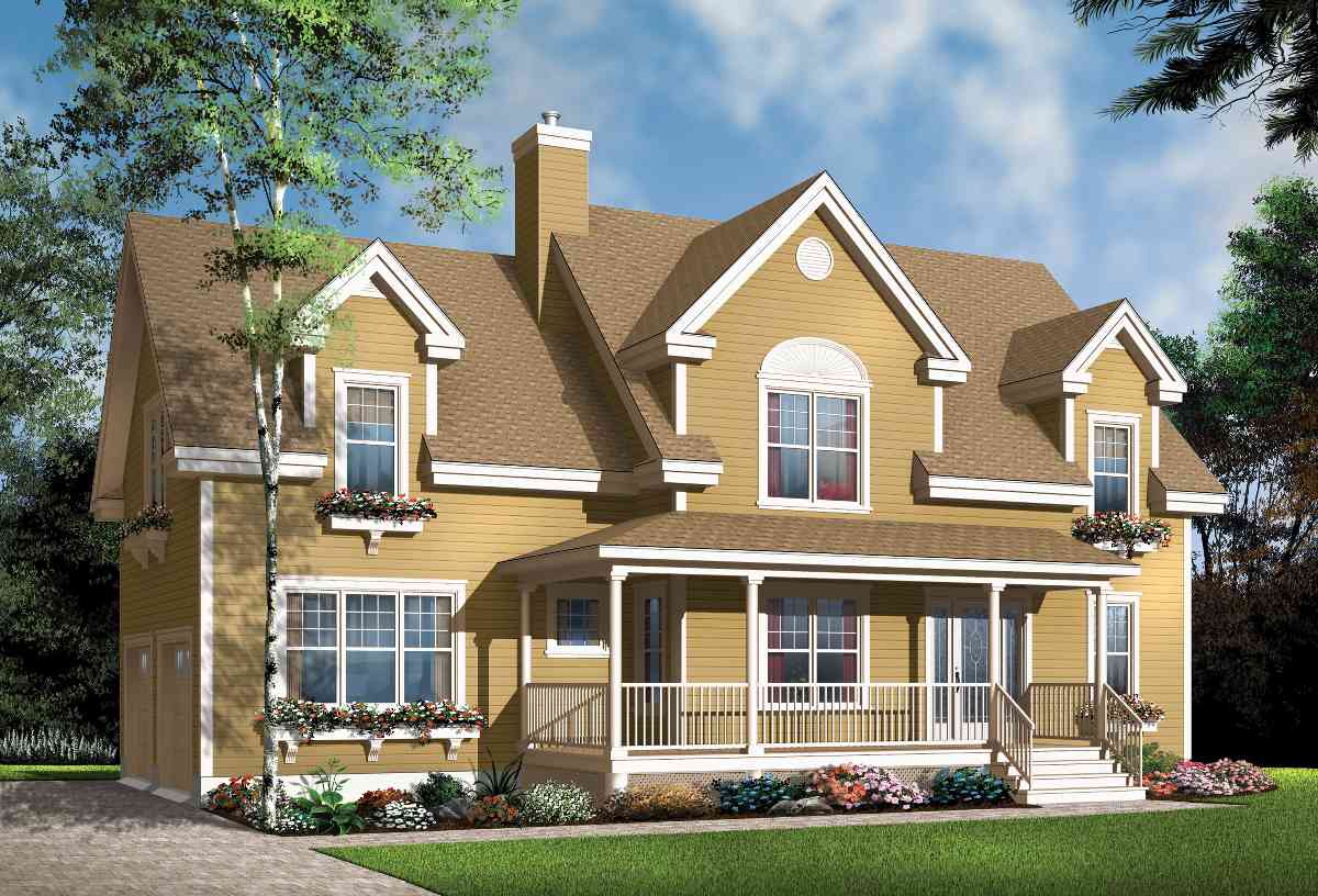 House plan exterior: Two-story Traditional style with a covered front porch, prominent gables, dormers, and a side-entry garage.