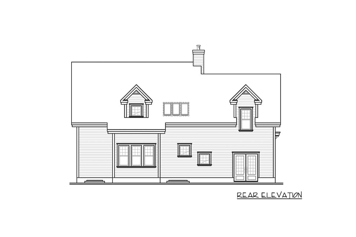 Rear elevation drawing of a house plan featuring dormers, multiple windows, a chimney, and double doors.