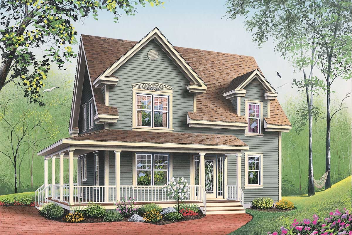 House plan exterior: Two-story home with wrap-around porch, gables, dormer windows, and vertical siding.