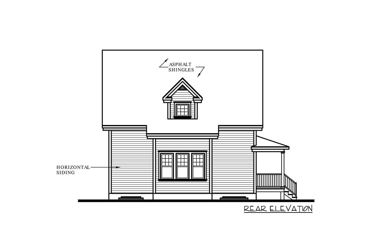 Rear elevation drawing of a house plan with horizontal siding, asphalt shingles, dormer, and rear porch.