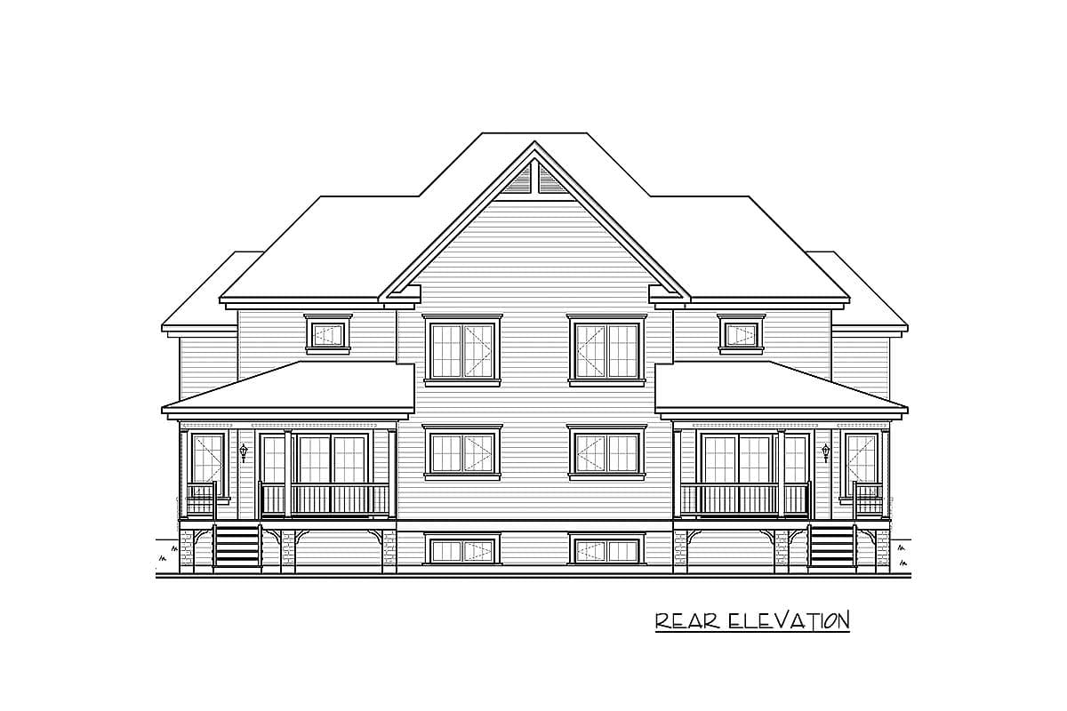 Rear elevation house plan showing two stories, paired porches, and prominent gables.