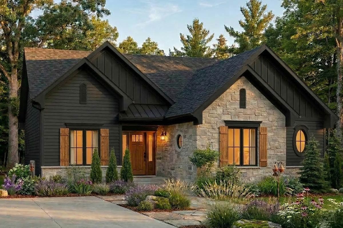 House plan exterior featuring a symmetrical facade with gabled rooflines, brick and siding, and a central entrance with sidelights.