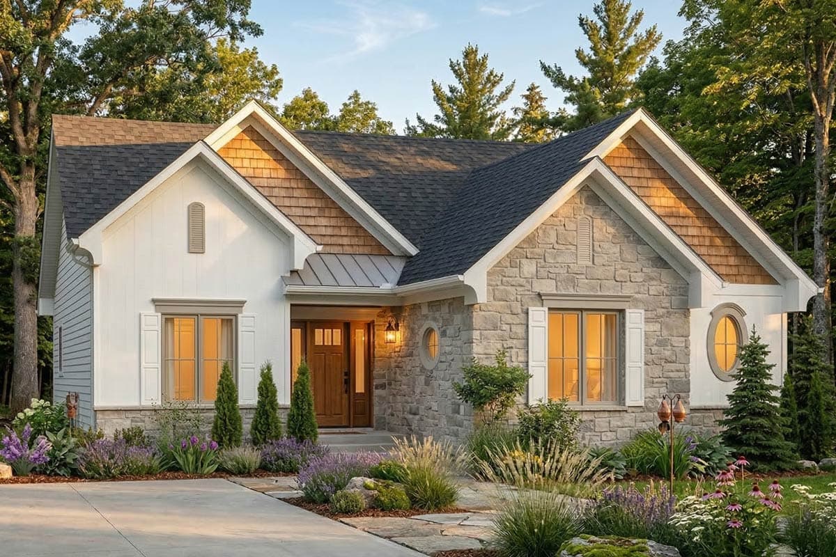 House plan exterior: Modern Farmhouse style, single-story, with gabled roofs, vertical siding, white brick, and a prominent entry.