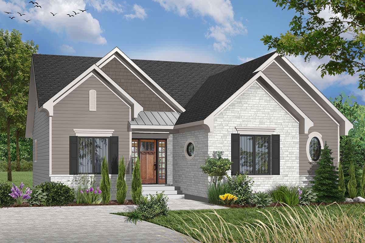 House plan exterior featuring a mix of siding and white brick, prominent gables, and a covered entryway with a wood door.