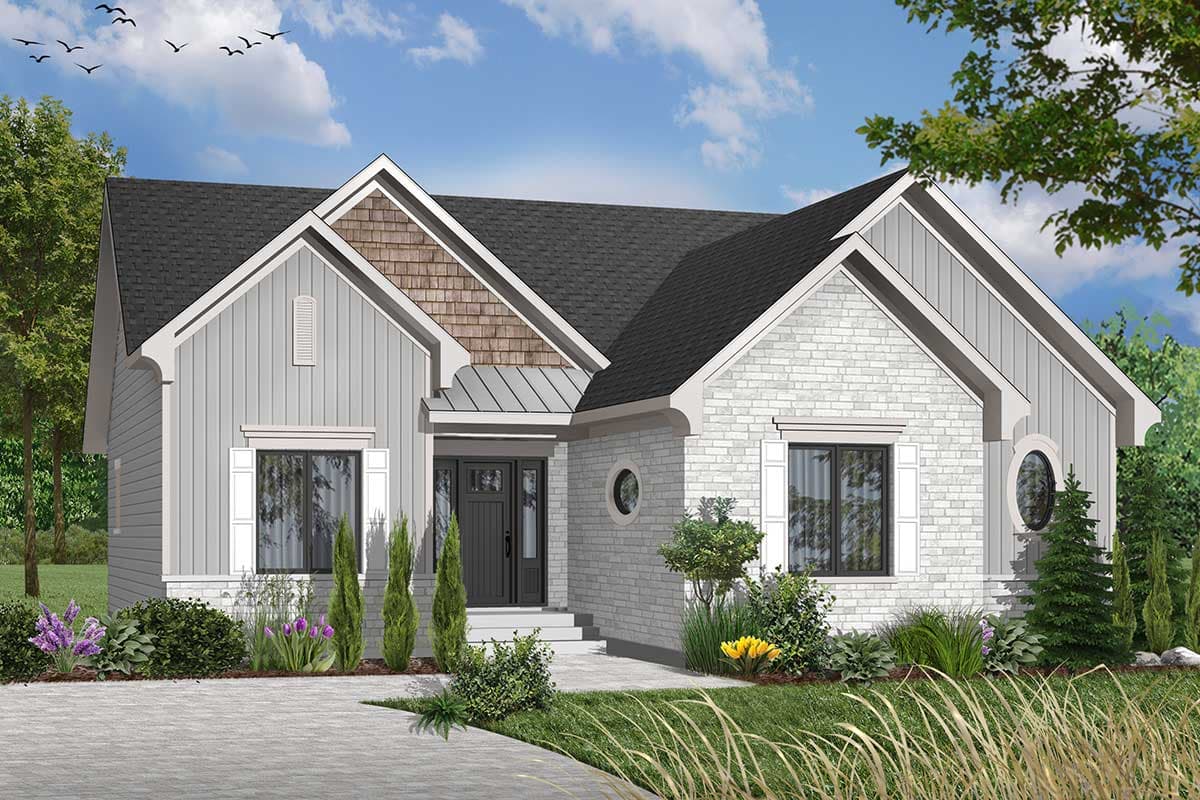 House plan exterior: Modern Farmhouse style, one story, white brick and board-and-batten siding, gabled roof, decorative window.