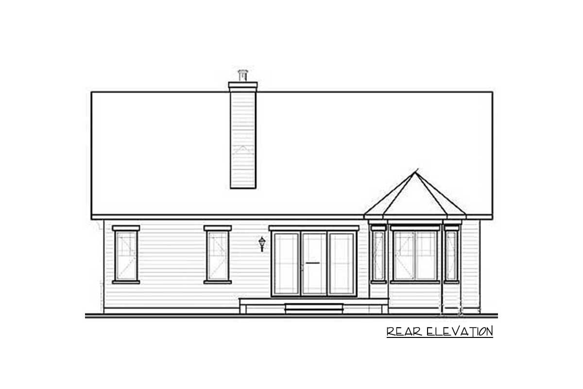 Rear elevation drawing of a house plan featuring a chimney, double doors, and a bay window.