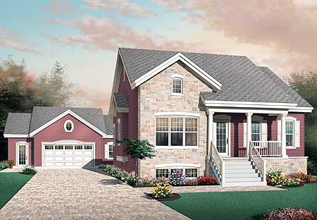 House plan exterior with stone facade, front porch with columns, attached two-car garage, and gabled rooflines.