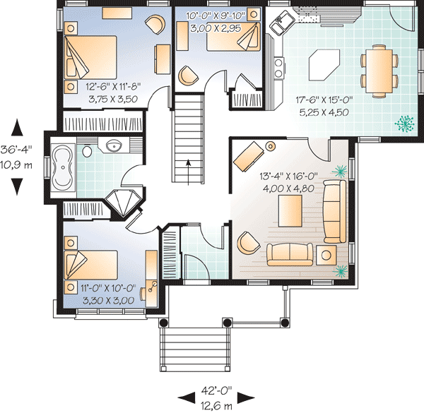 Plan 21515DR: 3-Bed House Plan with Laundry in Unfinished Basement - 1309 Sq Ft - Floor Plan - Main Level - Country