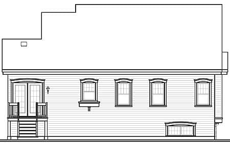 House plan elevation drawing showing the rear of a two-story structure with French doors, a porch, and multiple windows.