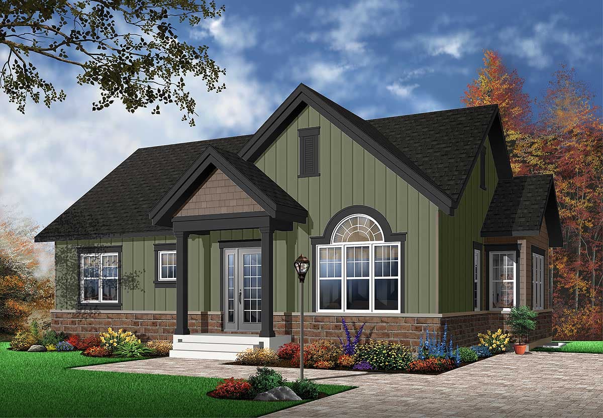 House plan exterior: One-story modern farmhouse with a covered porch, board and batten siding, brick foundation, and a prominent gable.