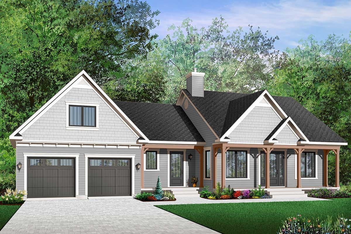 House plan exterior: Ranch style with a prominent gable, covered front porch with wooden posts, and a double garage.