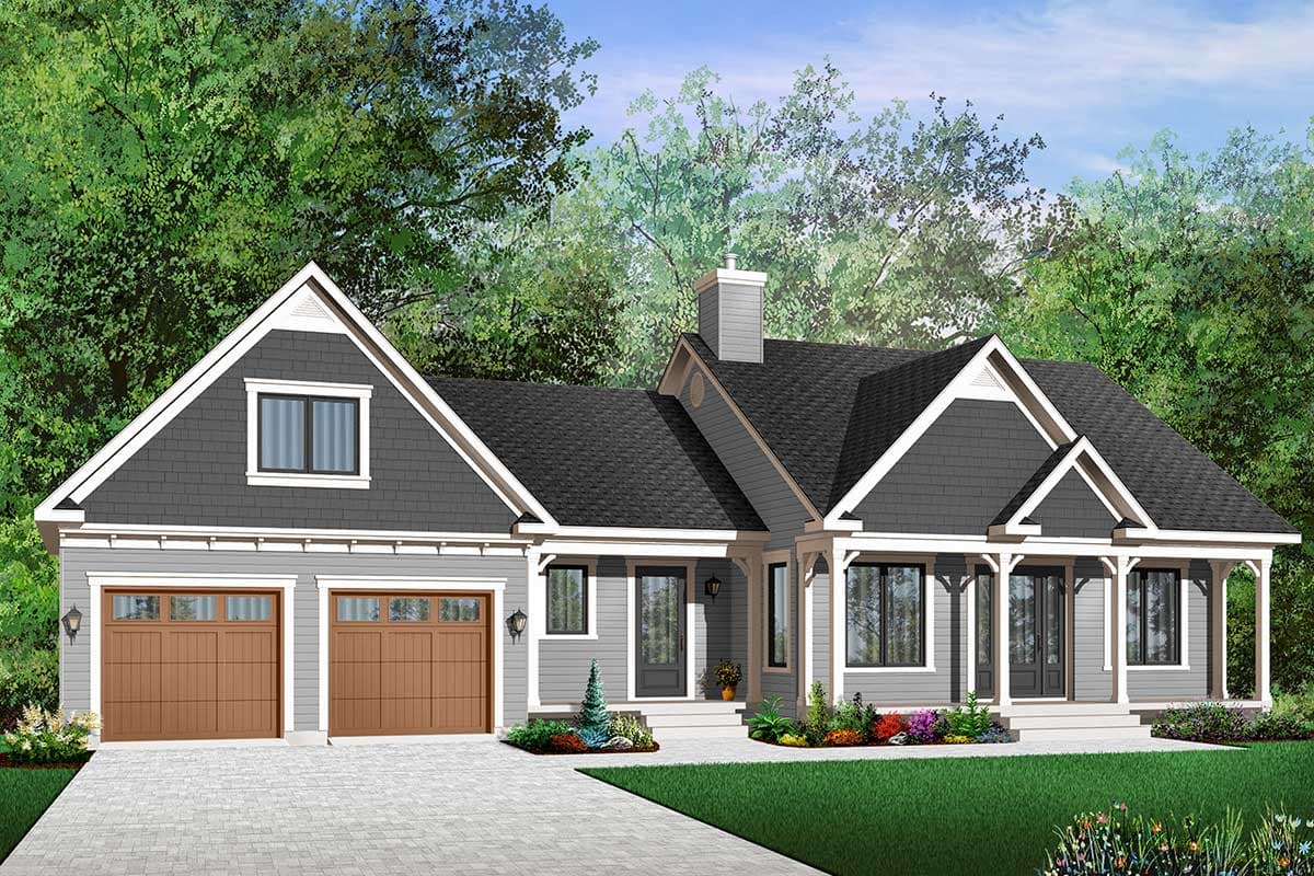 House plan exterior: Modern Farmhouse style, 1.5 stories, with a side-entry two-car garage, a covered front porch with columns, and prominent gables.