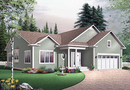 House plan exterior: One-story home with a covered front porch, gabled dormer, bay window, and attached two-car garage.