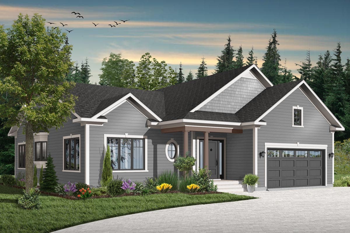 House plan exterior: Single-story Modern Farmhouse with prominent gables, covered porch with columns, and attached garage.