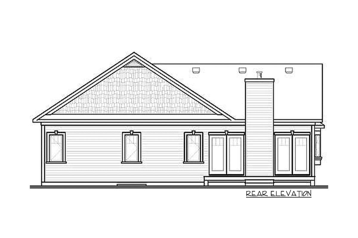 Rear elevation house plan showing a prominent gable with textured shingles, a large chimney, and multiple sets of French doors.