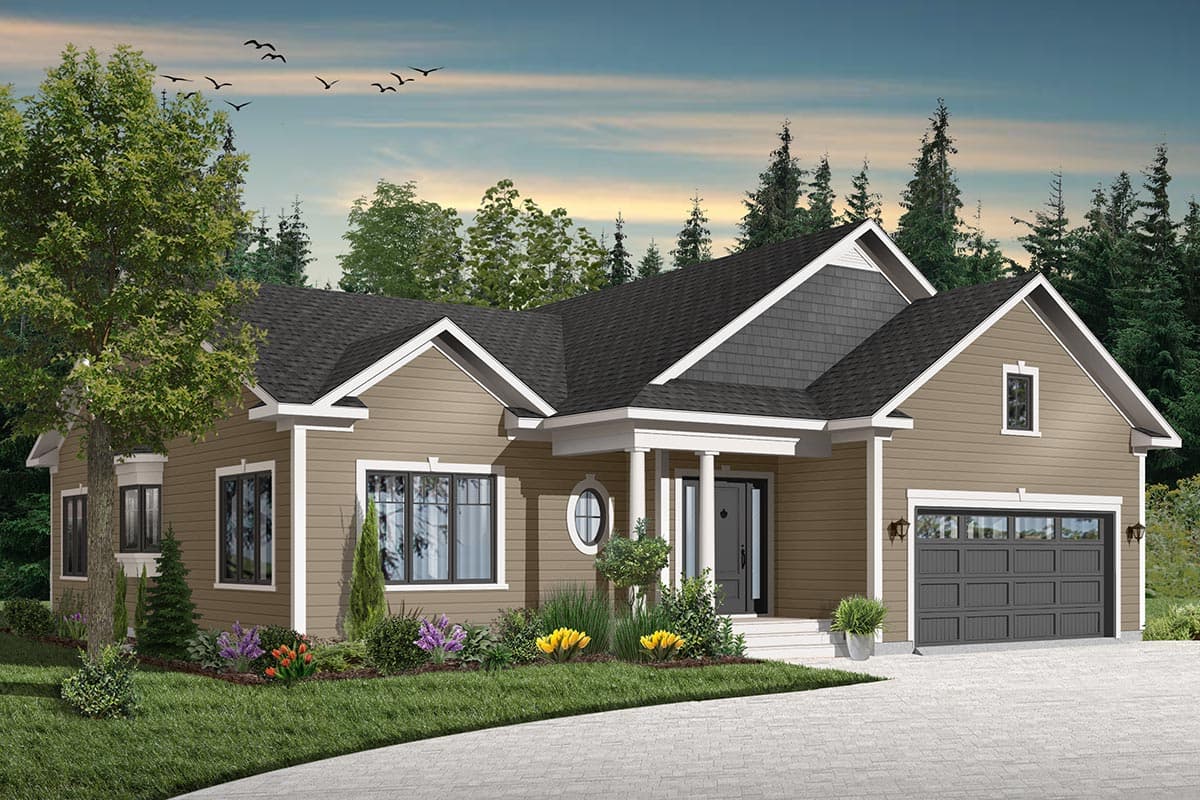 House plan exterior: Single-story Modern Farmhouse with covered front porch, gable dormers, and attached two-car garage.