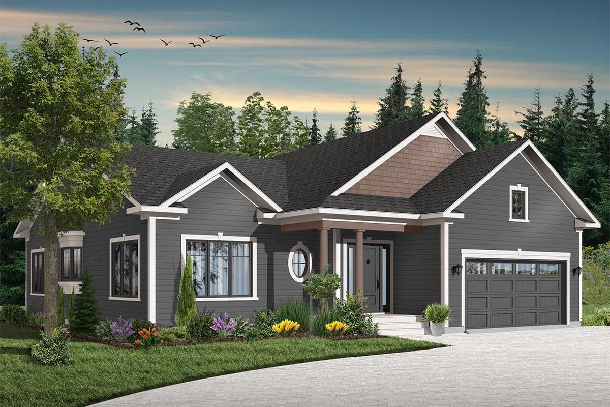 House plan exterior: single-story, modern farmhouse style with gabled rooflines, covered entry porch, and attached garage.