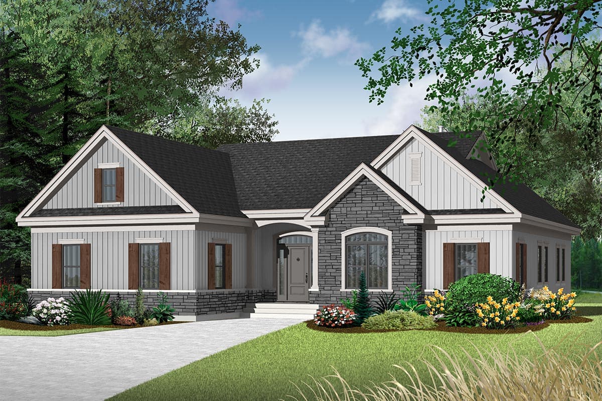House plan exterior: Modern farmhouse style, one story, stone accents, gable dormer, arched entry, and board-and-batten siding.