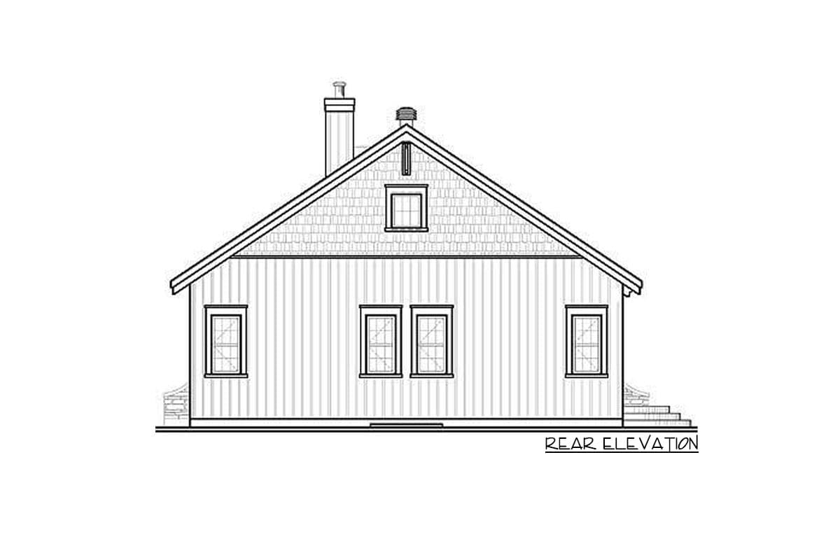 Rear elevation house plan drawing shows a gable roof, dormer window, chimney, and vertical siding.