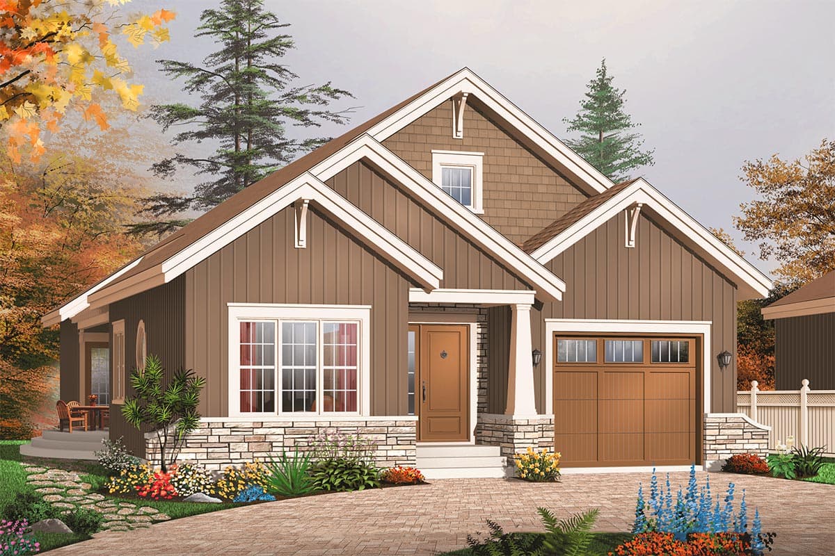 House plan exterior of a one-story Modern Farmhouse with board and batten siding, stone base, gabled roof, covered entry and attached garage.