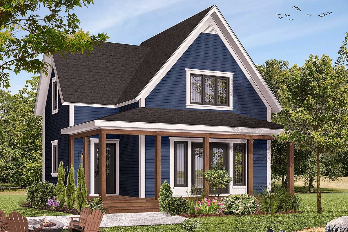 House plan exterior. Two-story home with a gabled roof, front porch, and dormer window. Features blue siding and white trim.