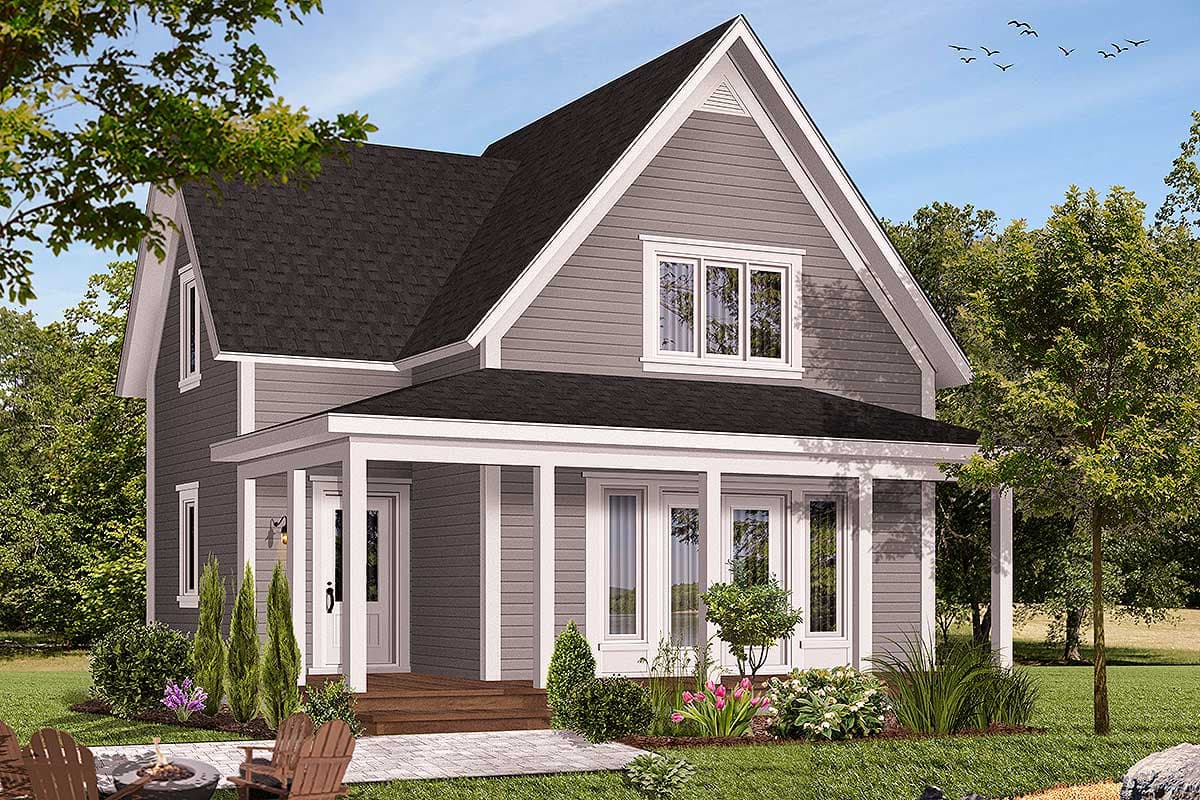 House plan exterior: Two-story home with a prominent gable and a wrap-around porch.