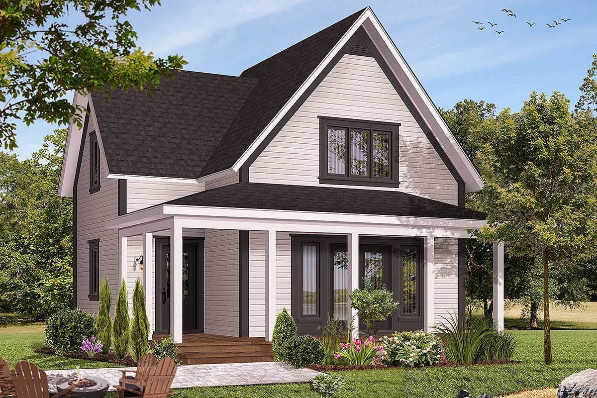 House plan exterior: Two-story modern farmhouse with gabled dormer, covered front porch, and vertical siding.