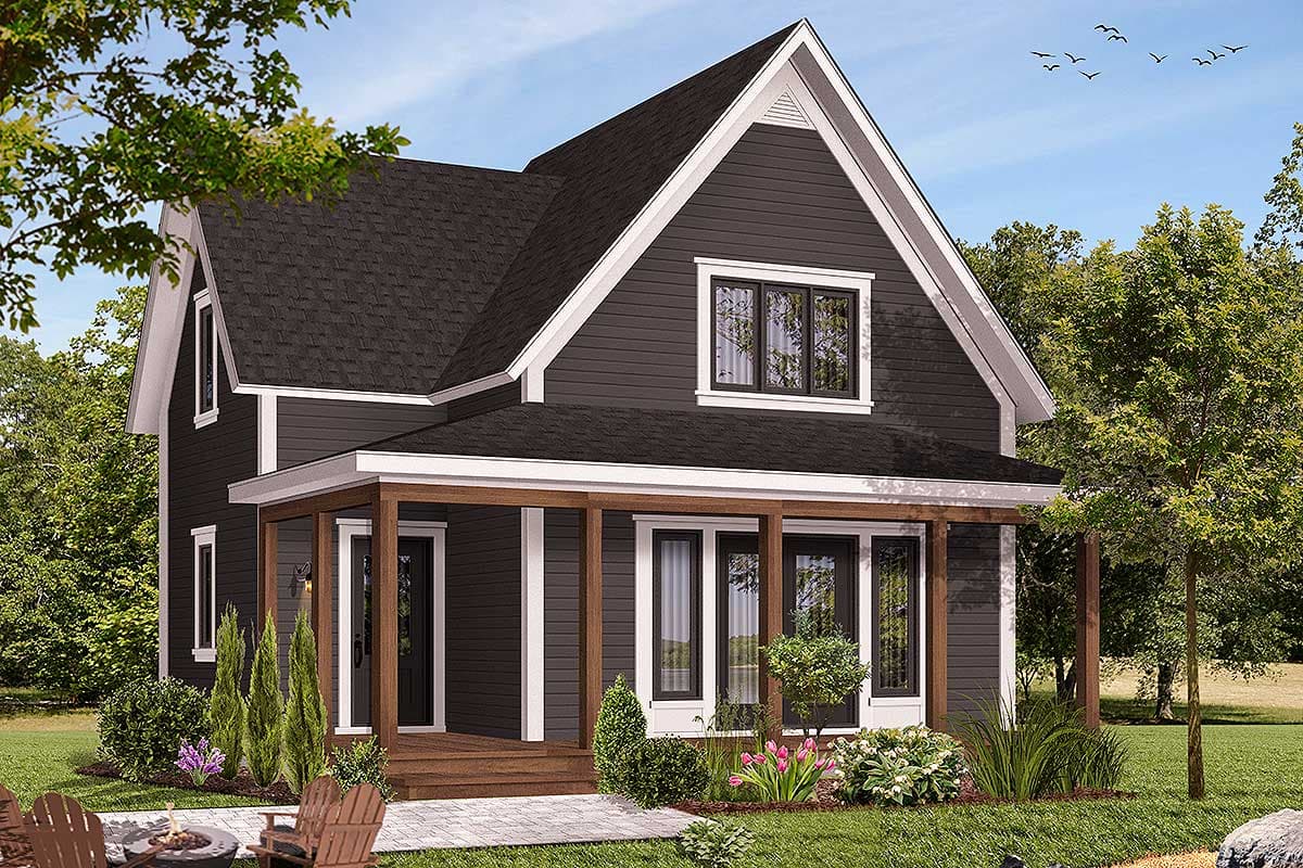 House plan exterior: Modern Farmhouse style, two stories, front porch with wood columns, gabled dormer, and dark siding.