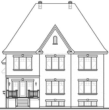 House plan exterior drawing: Two-story facade with symmetrical window placement, peaked roof, and front porch with railings.