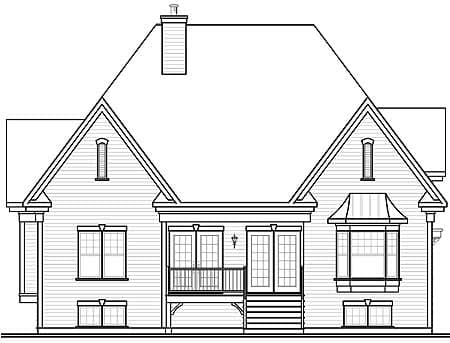 House plan rear elevation with central porch, bay window, gabled dormers and chimney.