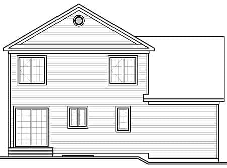 House plan exterior: Two-story design with gabled roof, double-hung windows, and sliding glass doors on the main level.