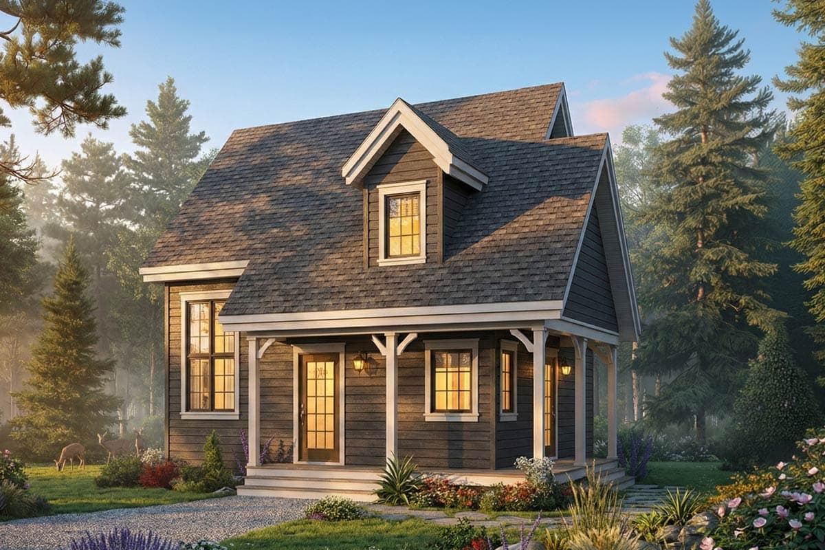 House plan exterior: Two-story cottage with a dormer, front porch supported by wooden posts, and multi-pane windows.