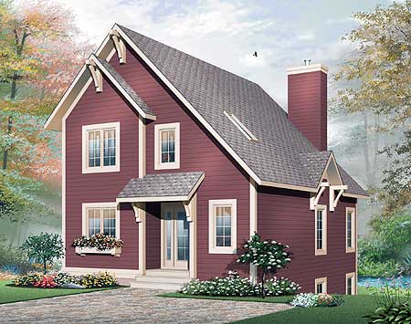 House plan exterior: Two-story home with gables, decorative brackets, prominent chimney, and covered entry.