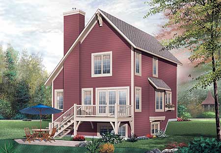 House plan exterior: Two-story dwelling with gabled dormer, prominent chimney, deck with stairs, and bay window.