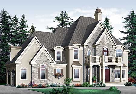 Two-story house plan exterior with stone accents, multiple gables, dormers, and a second-story balcony over the front entrance.