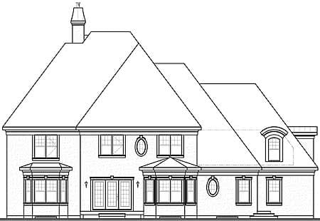 House plan rear elevation drawing showing bay windows, double doors, a dormer, and multiple rooflines.