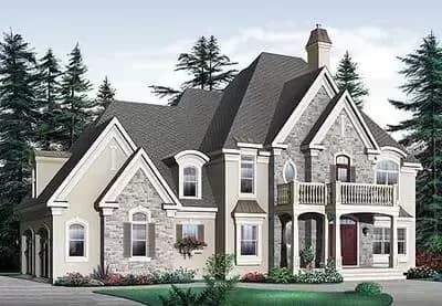 European-Style House Plan with Stone Exterior and 3 Beds and 2-Car Garage - 3361 Sq Ft