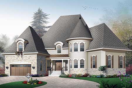 House plan exterior: Two-story home with stone accents, prominent gables, dormers, and a turret.