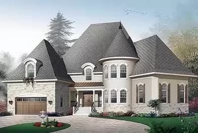 4 Bed European-Style House Plan with Circular Office in Rounded Turret - 3649 Sq FT