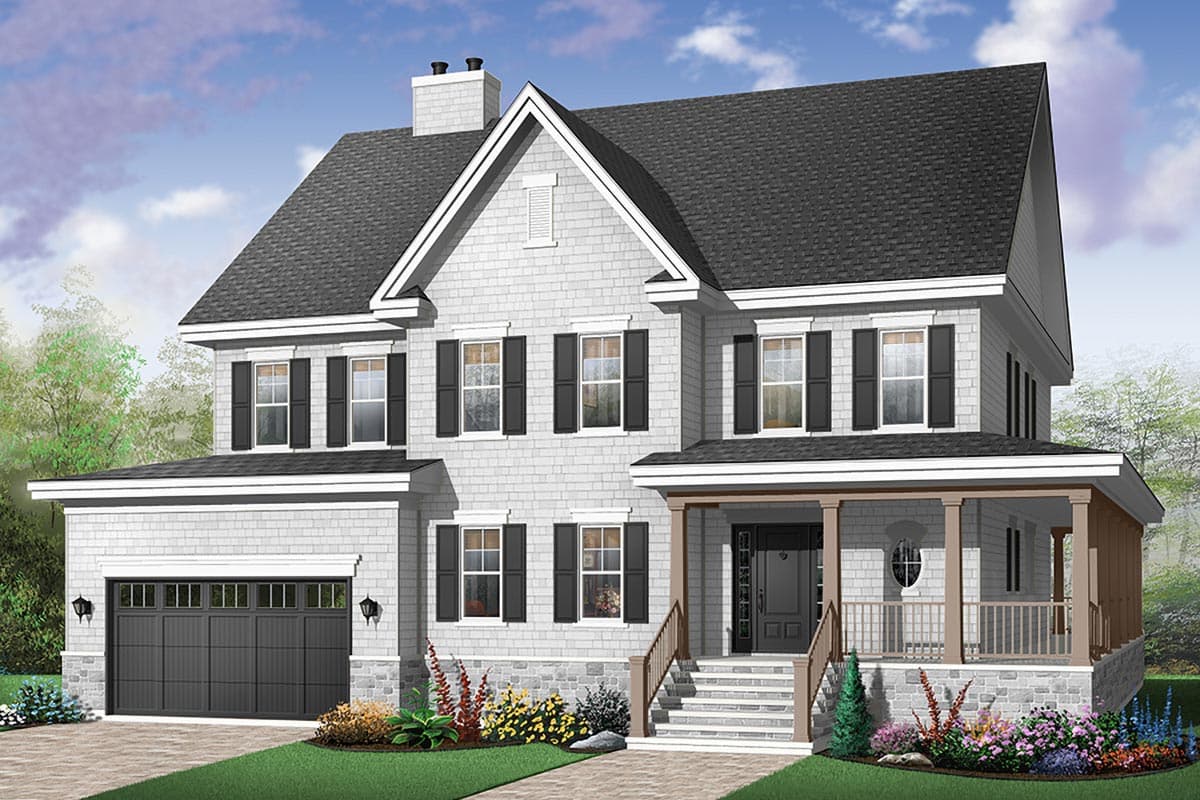 House plan exterior. Two-story home with shingle siding, a front porch, and a gable roof. Features include a garage and multiple dormers.