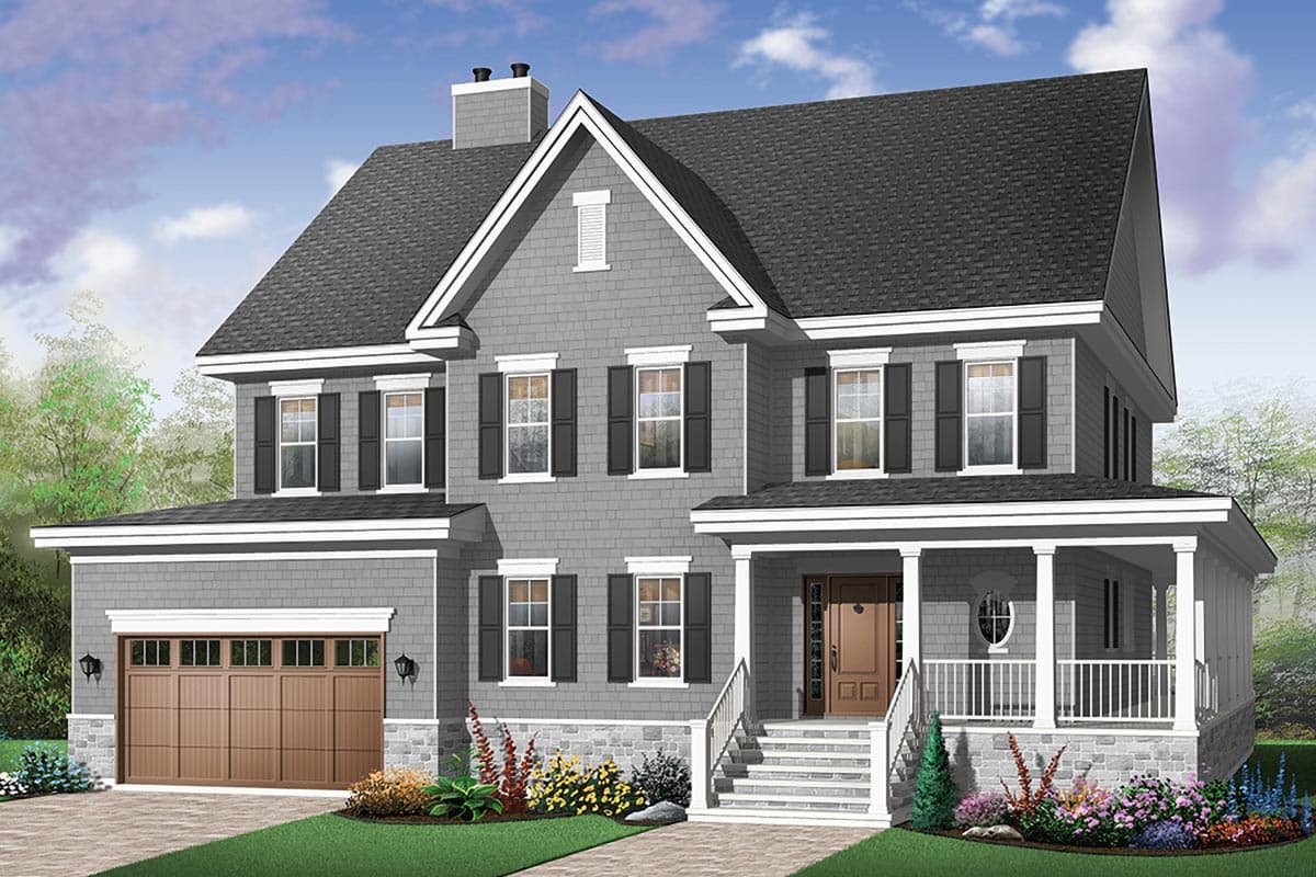House plan exterior: Two-story traditional home with gabled roof, front porch with columns, dormer, and attached garage.
